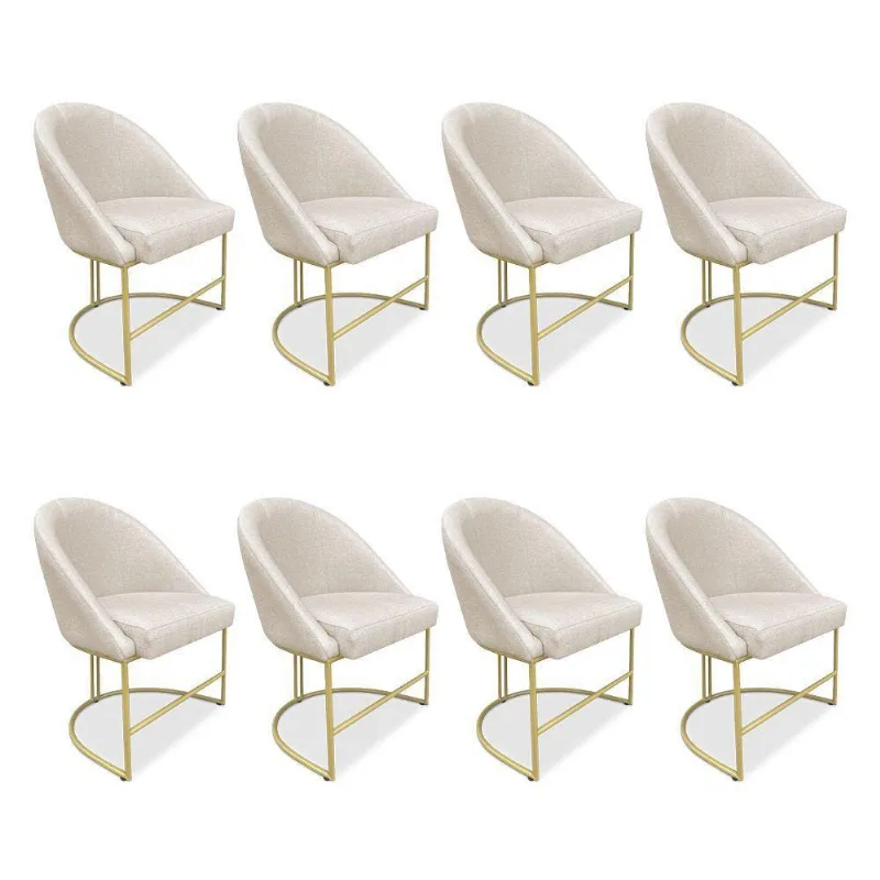 Kit 08 Cadeiras Poltrona De Jantar Bela Linho Bege Base Metálica Industrial Dourado - Pallazio