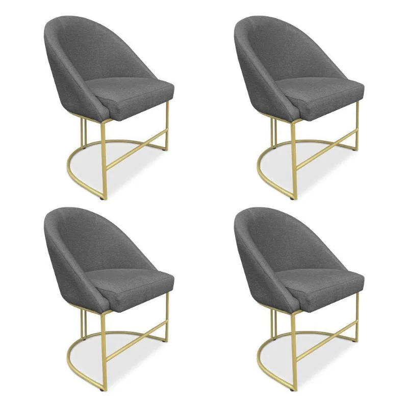 Kit 04 Cadeiras Poltrona De Jantar Bela Linho Grafite Base Metálica Industrial Dourado - Pallazio