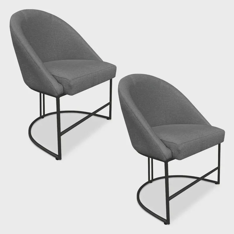Kit 02 Cadeiras Poltrona de Jantar Bela Linho Grafite Base Metálica Industrial Preto - Pallazio