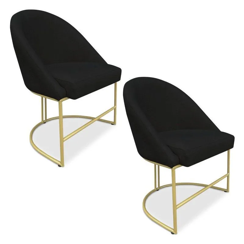 Kit 02 Cadeiras Poltrona De Jantar Bela Suede Preto Base Metálica Industrial Dourado - Pallazio