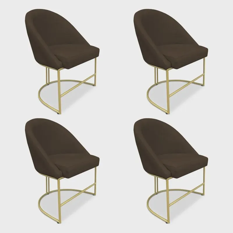 Kit 04 Cadeiras Poltrona de Jantar Bela Suede Marrom Base Metálica Industrial Dourado - Pallazio