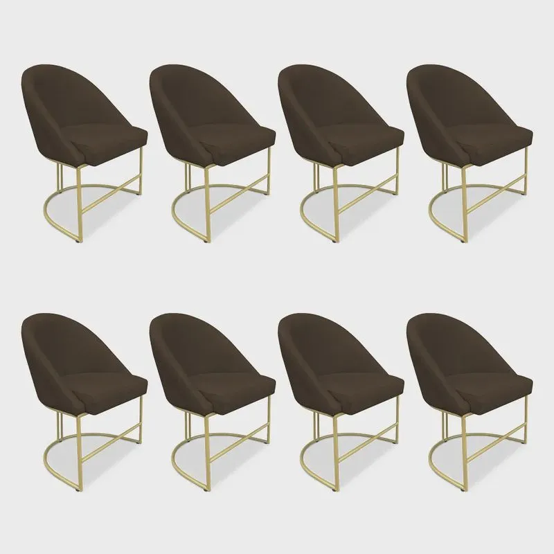 Kit 08 Cadeiras Poltrona de Jantar Bela Suede Marrom Base Metálica Industrial Dourado - Pallazio