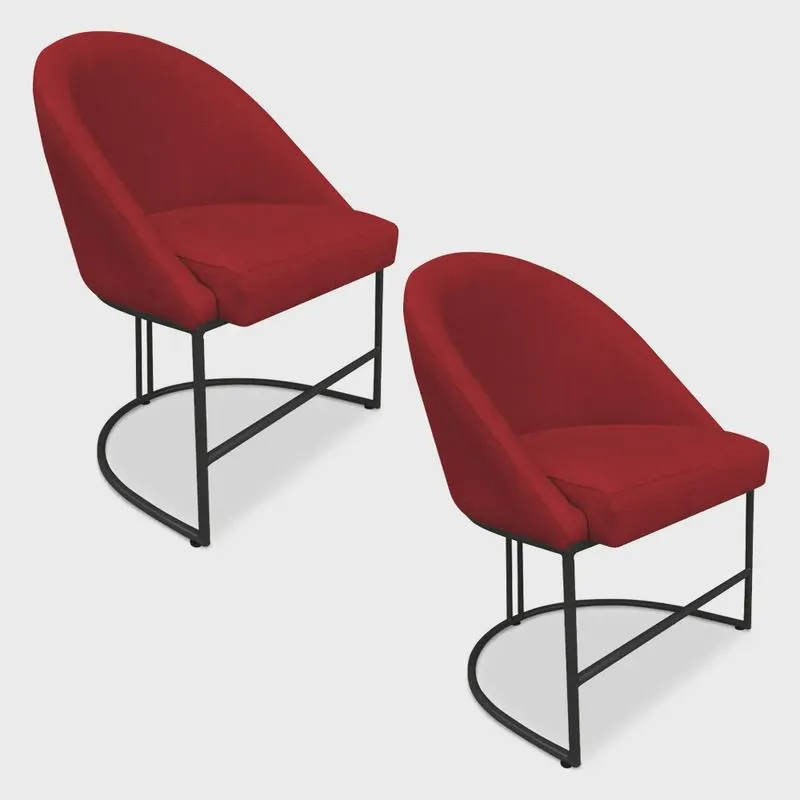 Kit 02 Cadeiras Poltrona de Jantar Bela Suede Vermelho Base Metálica Industrial Preto - Pallazio