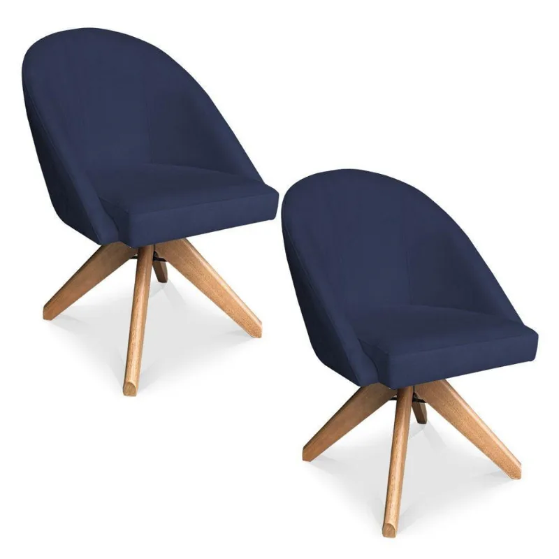 Kit 02 Poltronas Cadeira Giratória Bela Suede Azul Marinho Base De Madeira - Pallazio