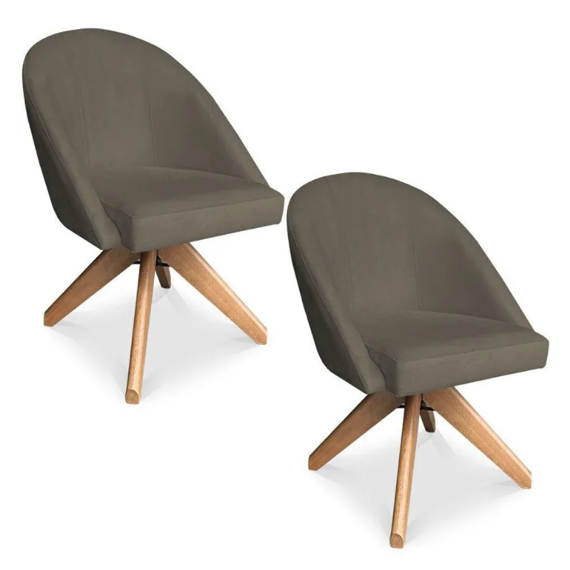 Kit 02 Poltronas Cadeira Giratória Bela Suede Base De Madeira - Pallazio Marrom Rato
