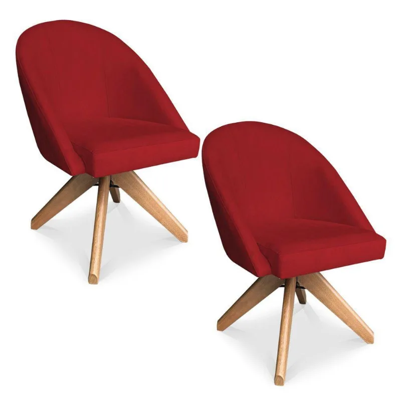 Kit 02 Poltronas Cadeira Giratória Bela Suede Base De Madeira - Pallazio Vermelho