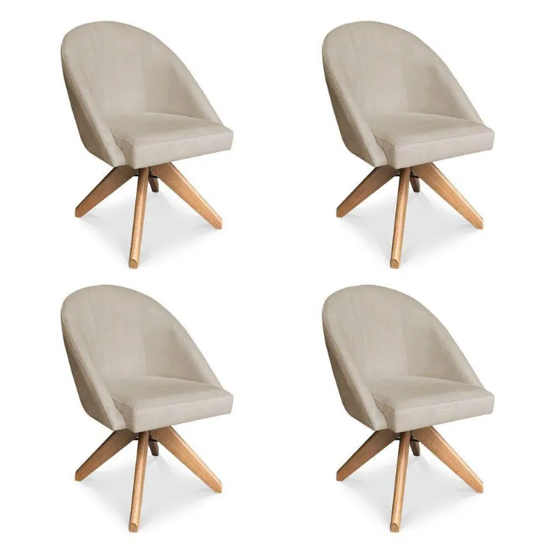 Kit 04 Poltronas Cadeira Giratória Bela Suede Bege Base De Madeira - Pallazio
