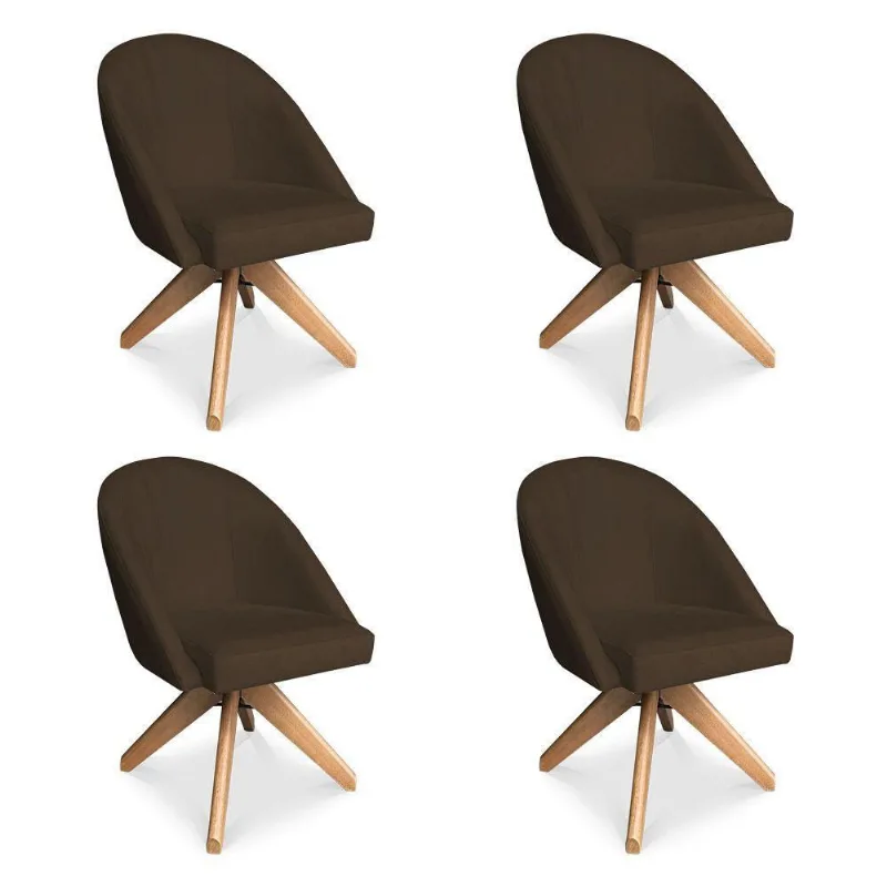 Kit 04 Poltronas Cadeira Giratória Bela Suede Marrom Base De Madeira - Pallazio