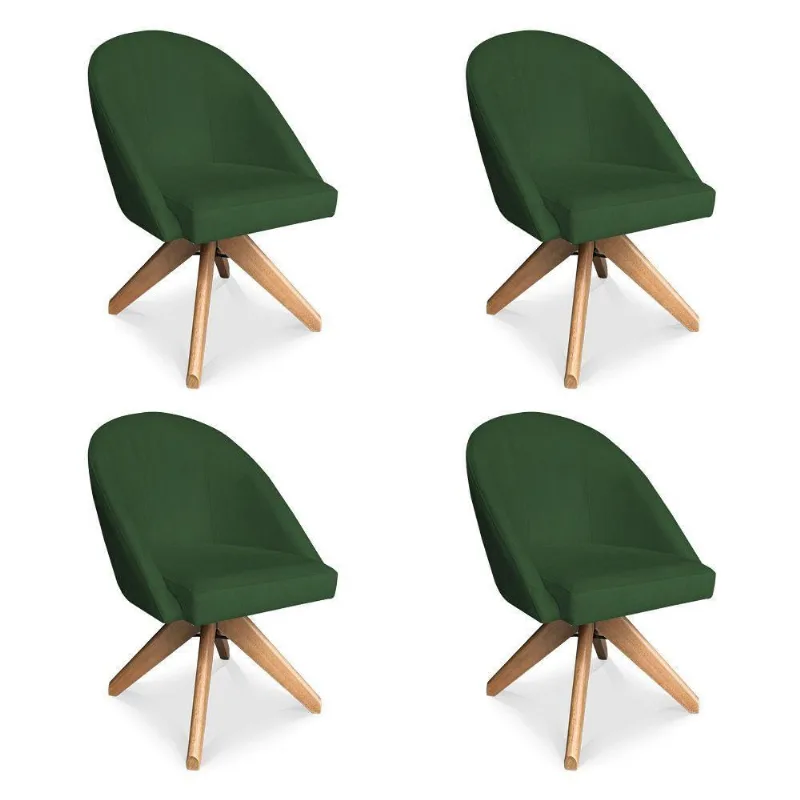 Kit 04 Poltronas Cadeira Giratória Bela Suede Verde Base De Madeira - Pallazio