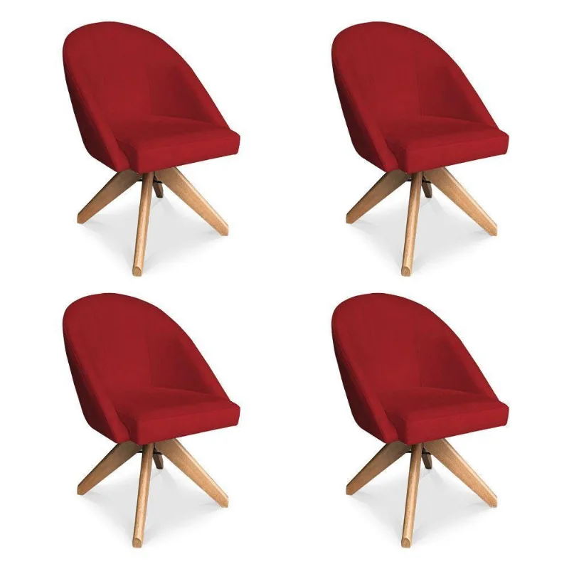 Kit 04 Poltronas Cadeira Giratória Bela Suede Vermelho Base De Madeira - Pallazio