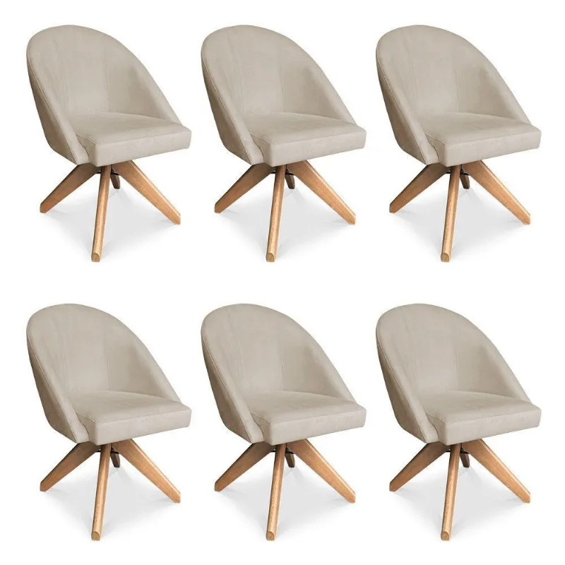 Kit 06 Poltronas Cadeira Giratória Bela Suede Bege Base De Madeira - Pallazio