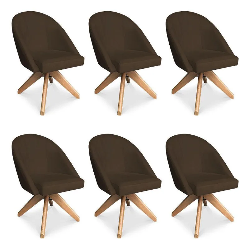 Kit 06 Poltronas Cadeira Giratória Bela Suede Marrom Base De Madeira - Pallazio