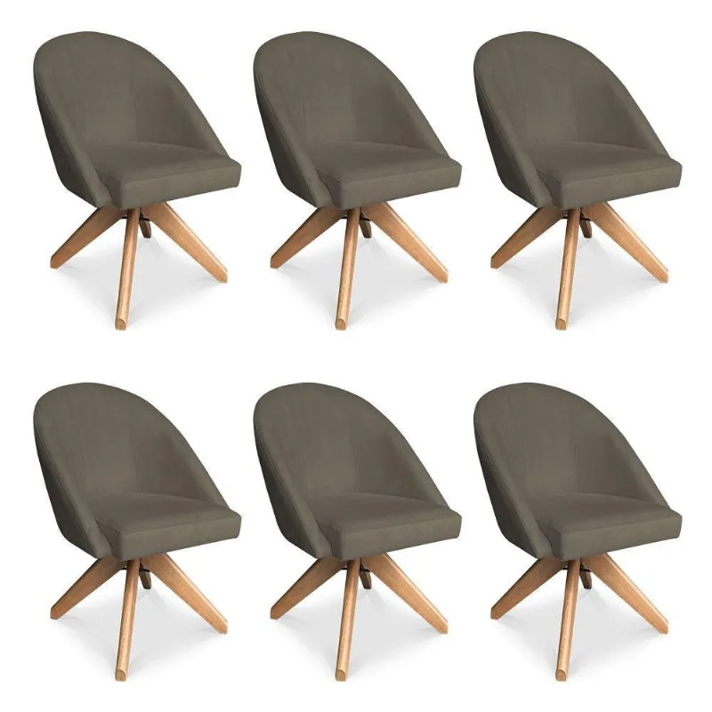 Kit 06 Poltronas Cadeira Giratória Bela Suede Marrom Rato Base De Madeira - Pallazio