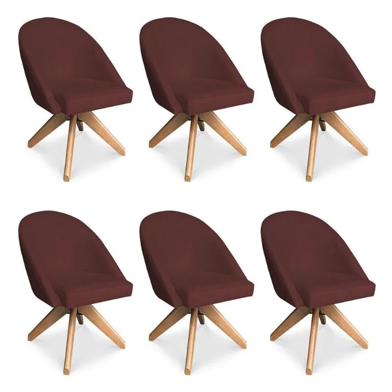 Kit 06 Poltronas Cadeira Giratória Bela Suede Marsala Base De Madeira - Pallazio