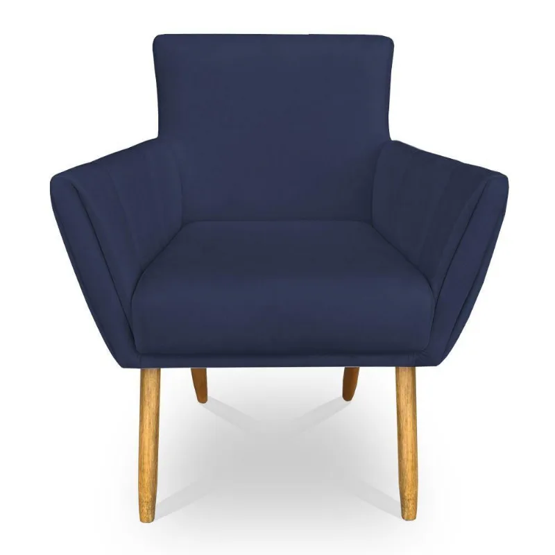 Poltrona Decorativa Leticia Suede Azul Marinho Pés Palito Castanho - Pallazio