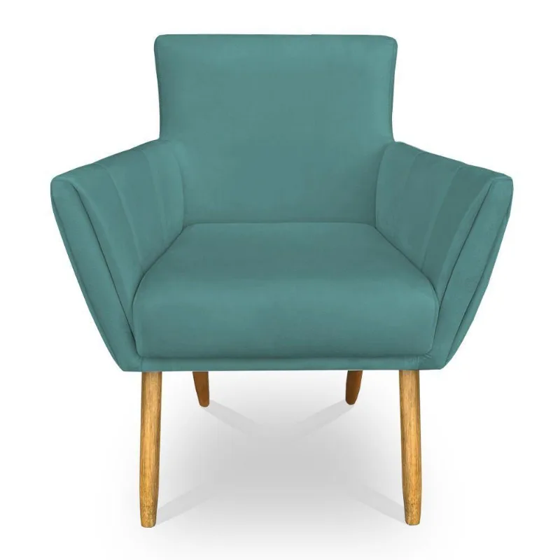 Poltrona Decorativa Leticia Suede Azul Turquesa Pés Palito Castanho - Pallazio