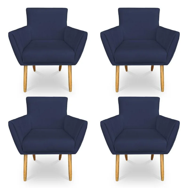 Kit 4 Poltronas Decorativa Leticia Suede Azul Marinho Pés Palito Castanho - Pallazio