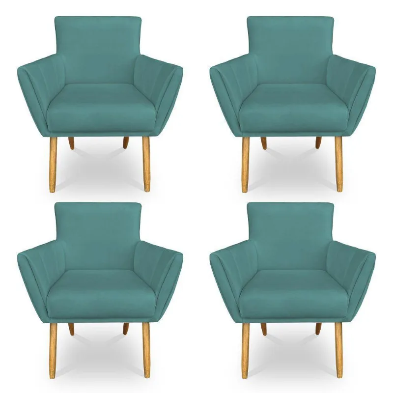 Kit 4 Poltronas Decorativa Leticia Suede Azul Turquesa Pés Palito Castanho - Pallazio