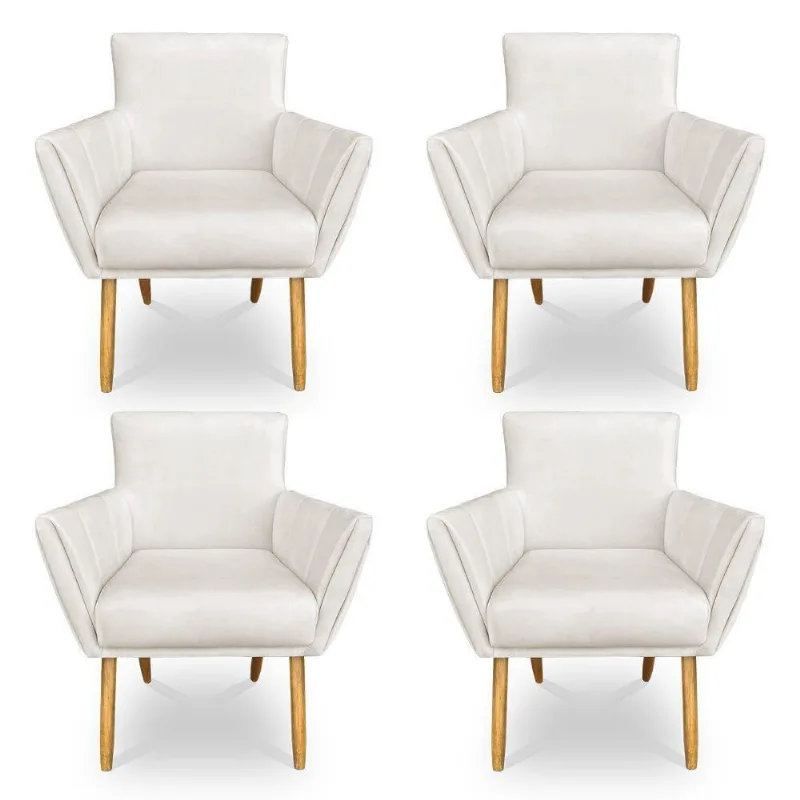 Kit 4 Poltronas Decorativa Leticia Suede Bege Pés Palito Castanho - Pallazio