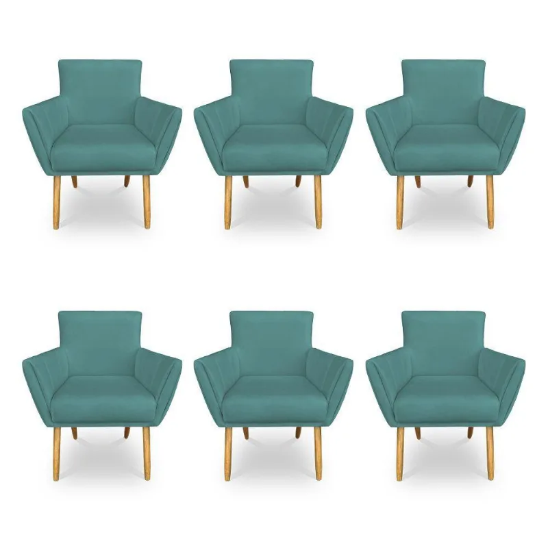 Kit 6 Poltronas Decorativa Leticia Suede Azul Turquesa Pés Palito Castanho - Pallazio