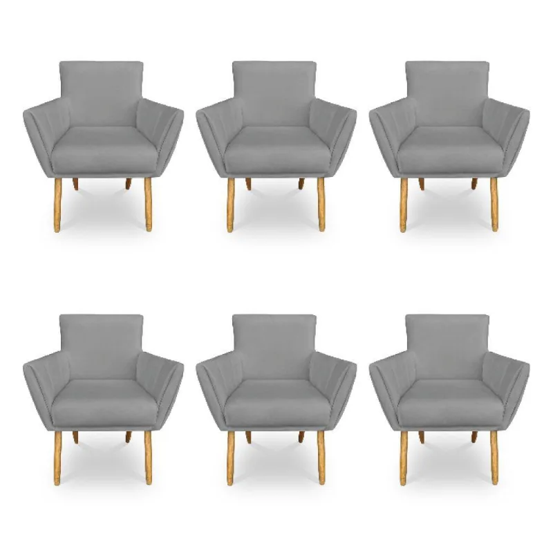 Kit 6 Poltronas Decorativa Leticia Suede Grafite Pés Palito Castanho - Pallazio