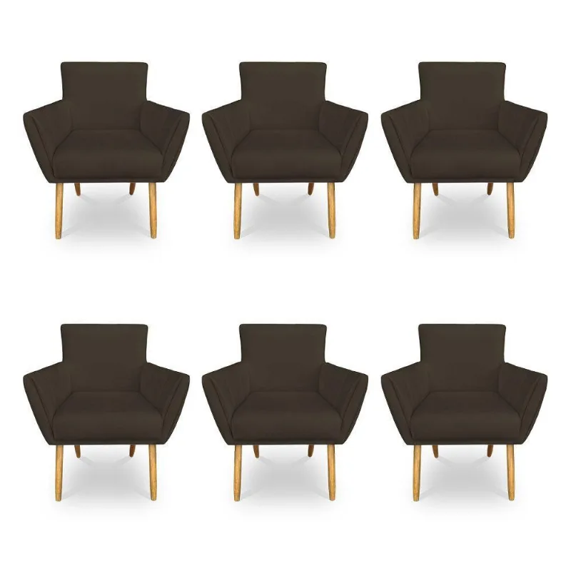 Kit 6 Poltronas Decorativa Leticia Suede Marrom Pés Palito Castanho - Pallazio
