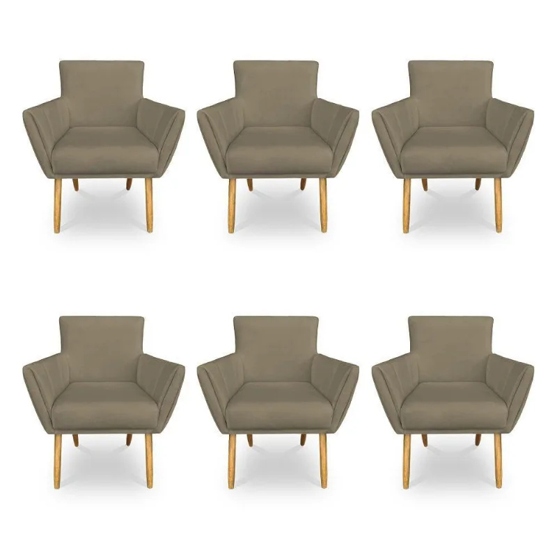 Kit 6 Poltronas Decorativa Leticia Suede Marrom Rato Pés Palito Castanho - Pallazio