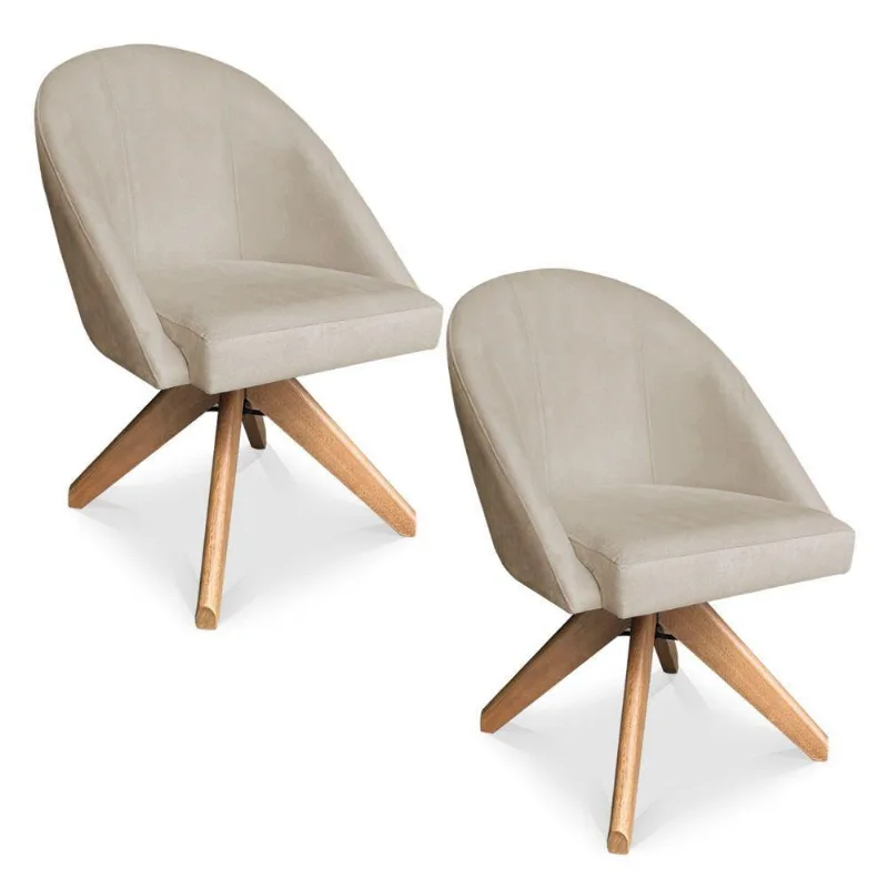 Kit 02 Poltronas Cadeira Giratória Bela Veludo Base De Madeira - Pallazio Cor Rosê