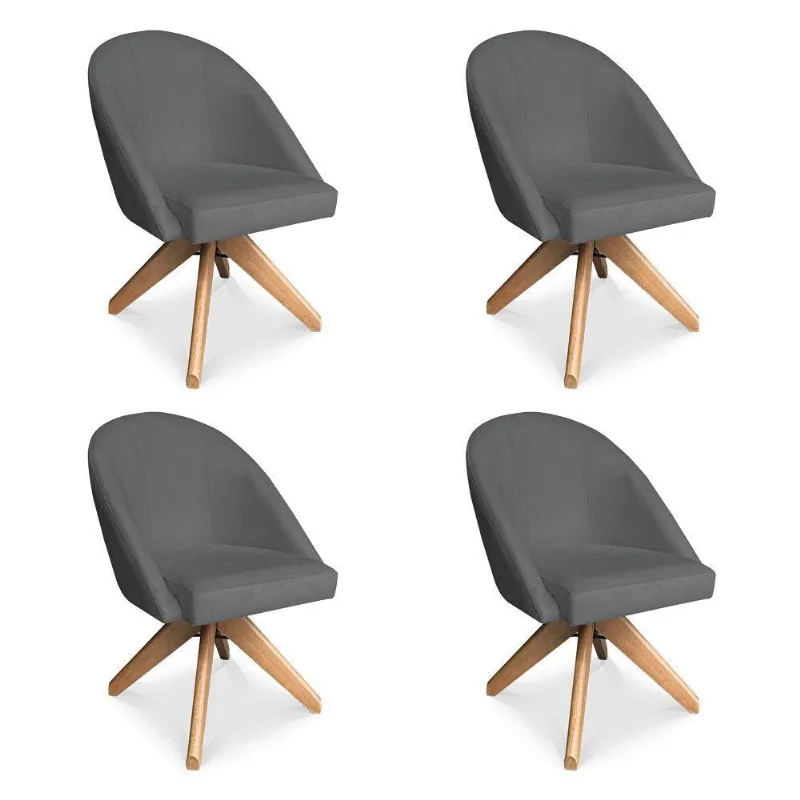 Kit 04 Poltronas Cadeira Giratória Bela Veludo Grafite Base De Madeira - Pallazio
