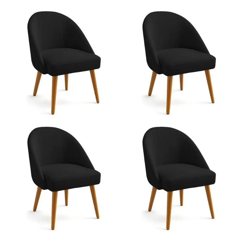 Kit 04 Cadeiras Poltrona De Jantar Estofada Luna Boucle Preto Pés Palito Castanho - Pallazio
