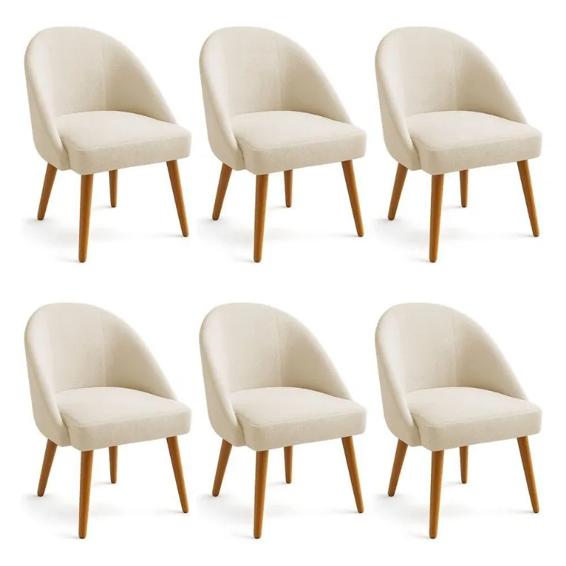 Kit 06 Cadeiras Poltrona De Jantar Estofada Luna Boucle Bege Pés Palito Castanho - Pallazio