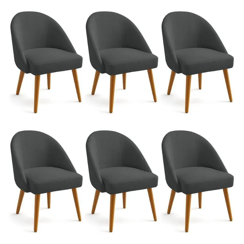 Kit 06 Cadeiras Poltrona De Jantar Estofada Luna Boucle Grafite Pés Palito Castanho - Pallazio