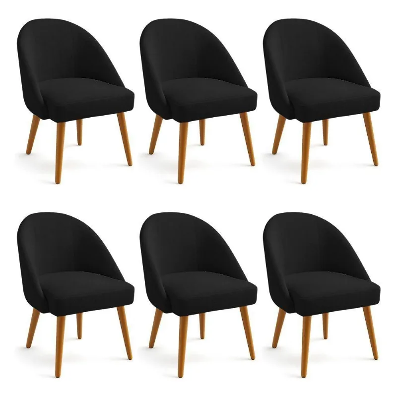 Kit 06 Cadeiras Poltrona De Jantar Estofada Luna Boucle Pés Palito Castanho - Pallazio Cor Preto