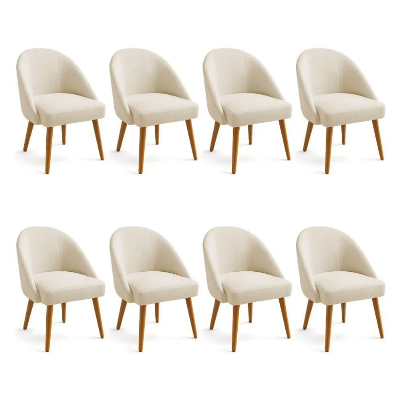 Kit 08 Cadeiras Poltrona De Jantar Estofada Luna Boucle Bege Pés Palito Castanho - Pallazio