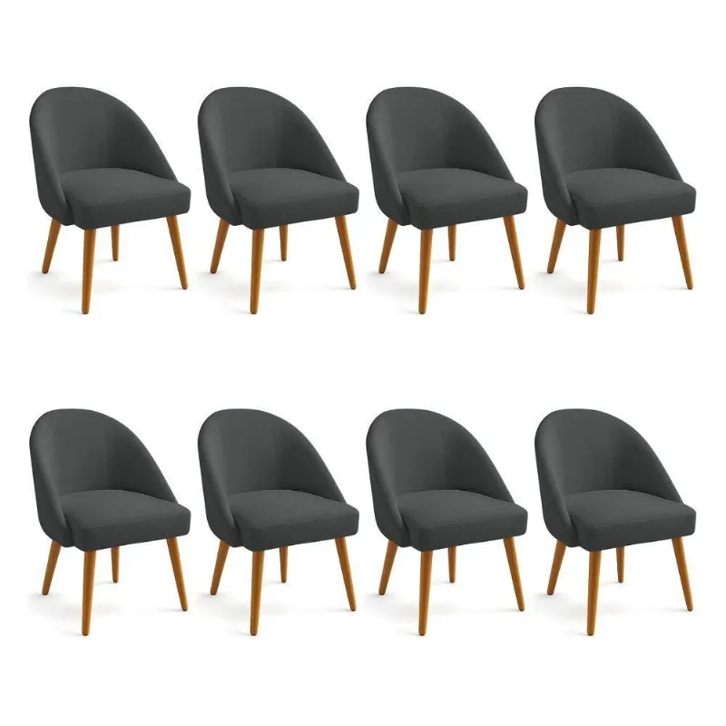 Kit 08 Cadeiras Poltrona De Jantar Estofada Luna Boucle Grafite Pés Palito Castanho - Pallazio