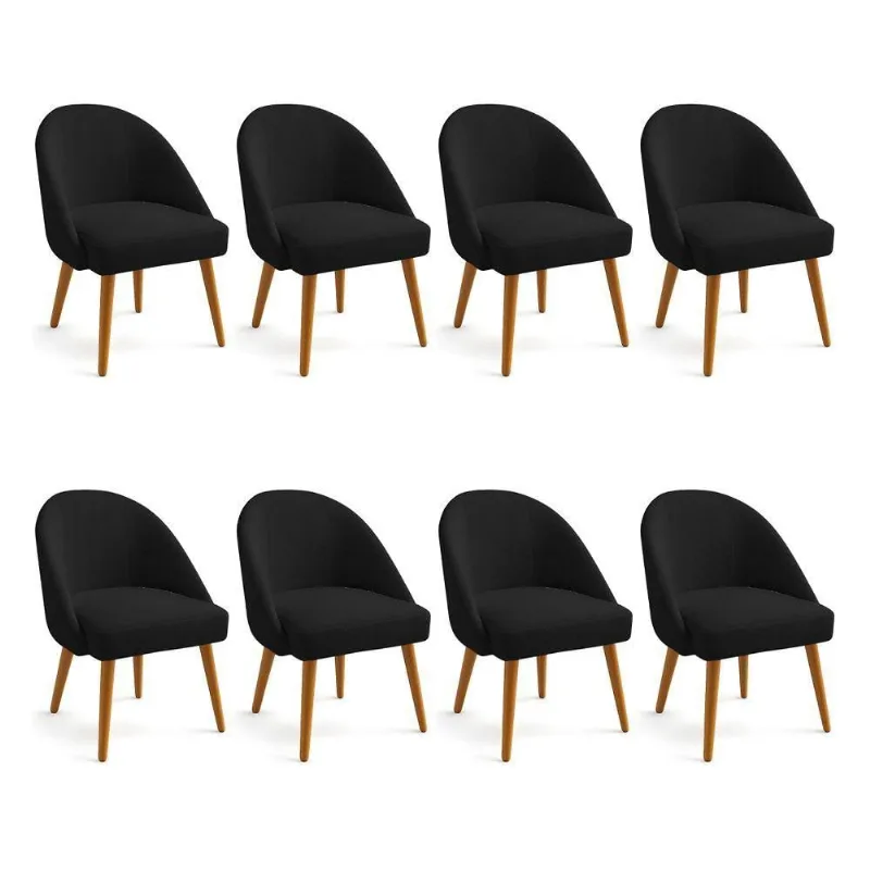 Kit 08 Cadeiras Poltrona De Jantar Estofada Luna Boucle Pés Palito Castanho - Pallazio Cor Preto