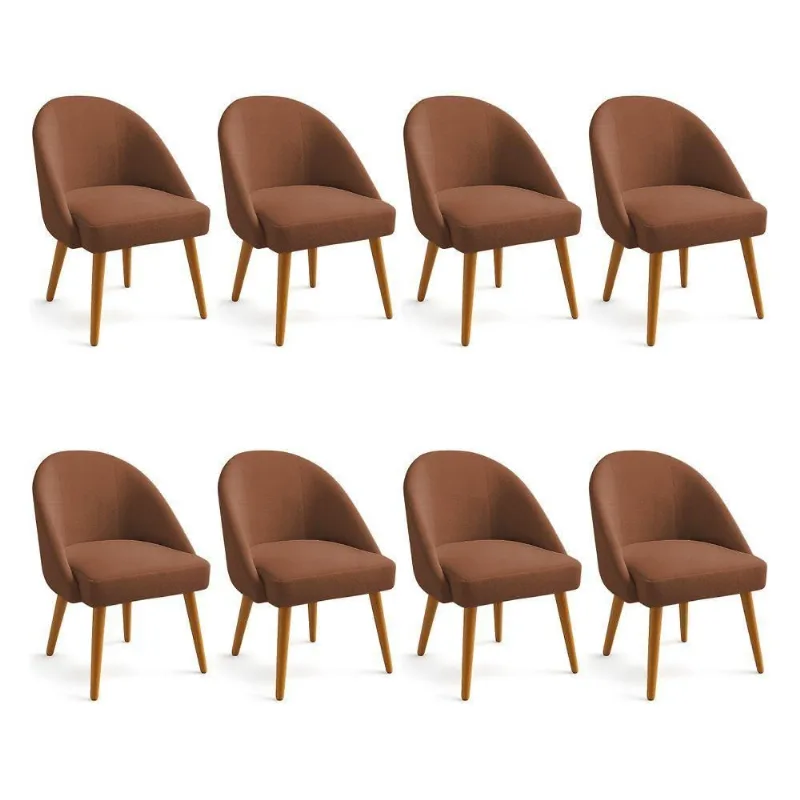 Kit 08 Cadeiras Poltrona De Jantar Estofada Luna Boucle Pés Palito Castanho - Pallazio Cor Terracota