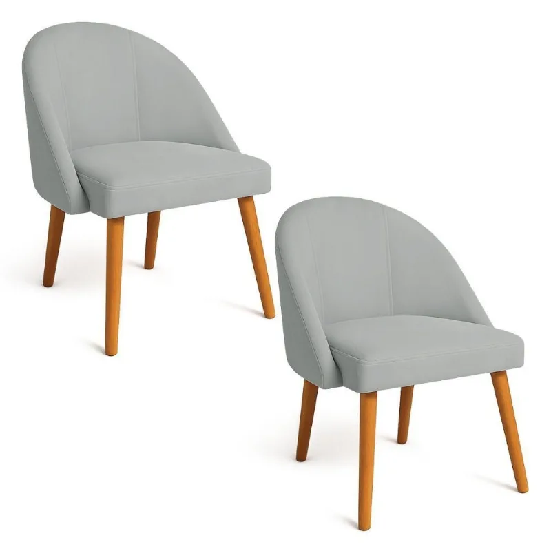 Kit 02 Cadeiras Poltrona De Jantar Luna Suede Cinza Pés Palito Castanho - Pallazio