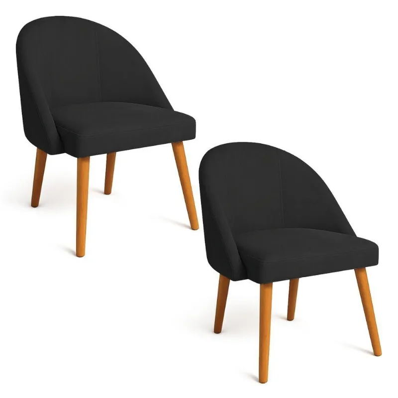 Kit 02 Cadeiras Poltrona De Jantar Luna Suede Preto Pés Palito Castanho - Pallazio