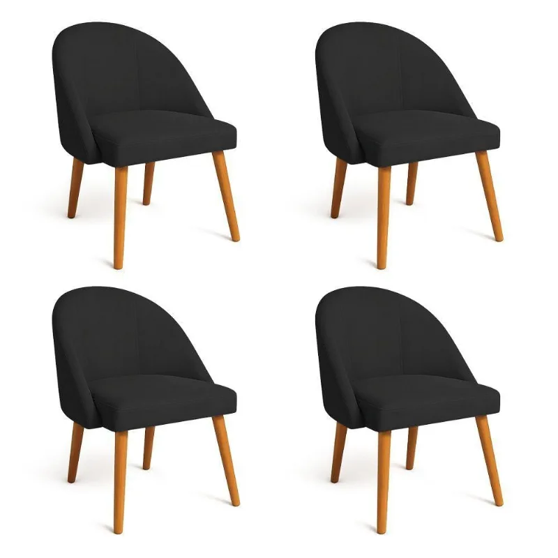 Kit 04 Cadeiras Poltrona De Jantar Luna Suede Preto Pés Palito Castanho - Pallazio