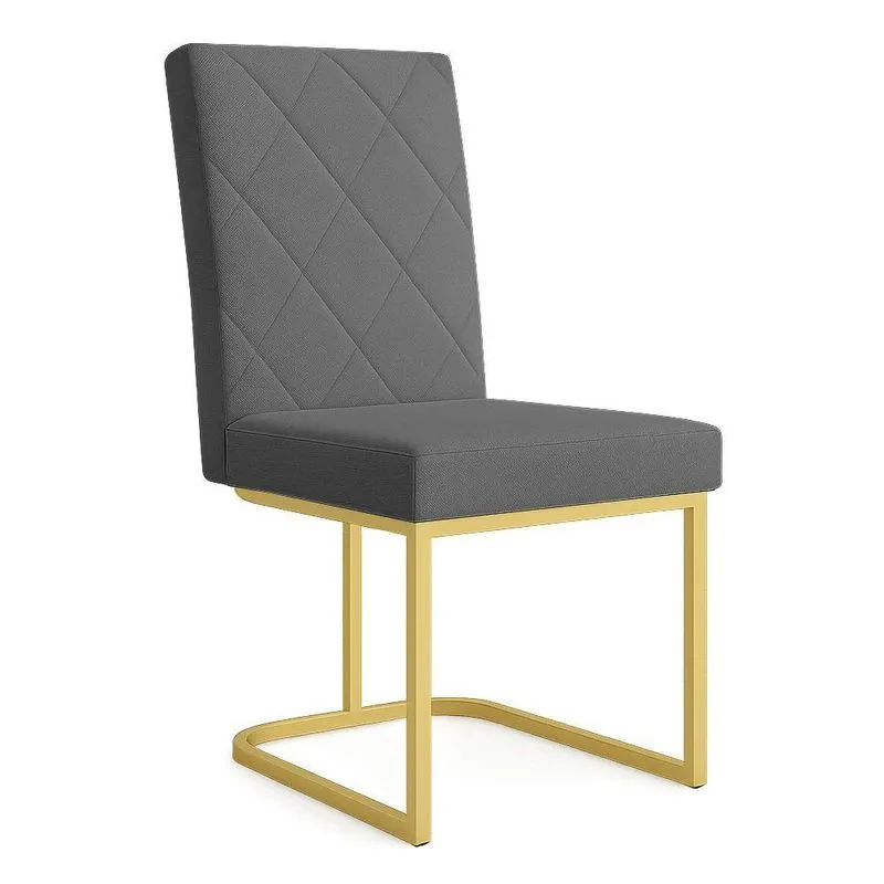 Cadeira De Jantar Estofada Siena Linho Grafite Base De Ferro Dourada - Pallazio
