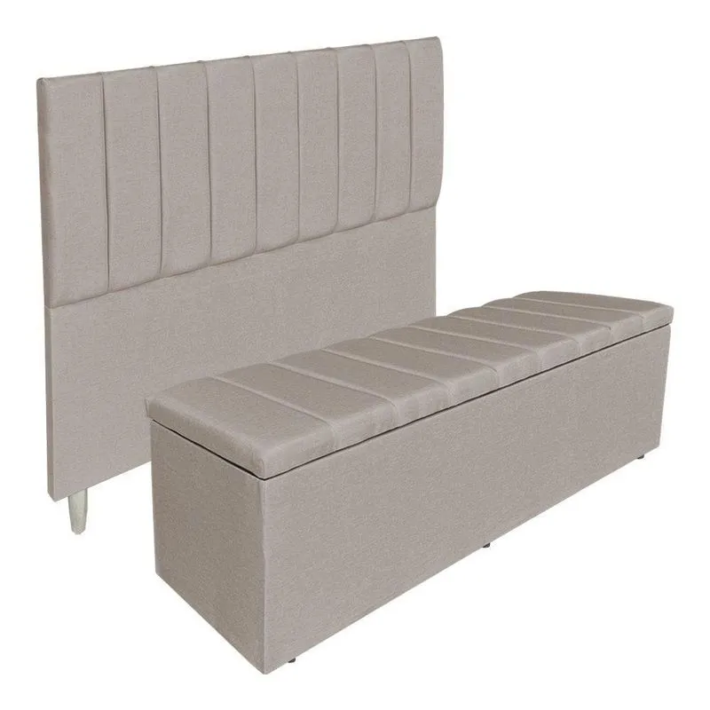 Kit Cabeceira E Calçadeira Recamier Baú King 1,95m Holanda Linho - Pallazio Cor Cappuccino