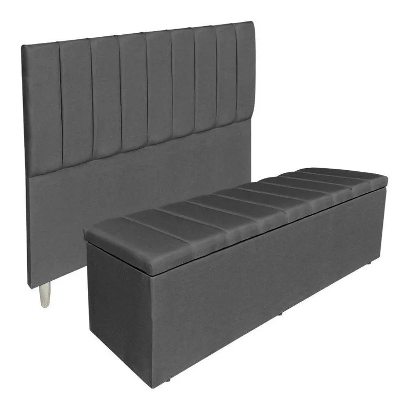 Kit Cabeceira E Calçadeira Recamier Baú Solteiro 0,90m Holanda Suede Grafite - Pallazio