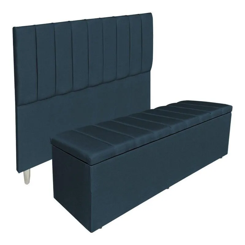 Kit Cabeceira E Calçadeira Recamier Baú Solteiro 0,90m Holanda Suede - Pallazio Cor Azul Marinho