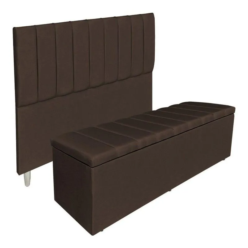 Kit Cabeceira E Calçadeira Recamier Baú Solteiro 0,90m Holanda Suede - Pallazio Cor Marrom