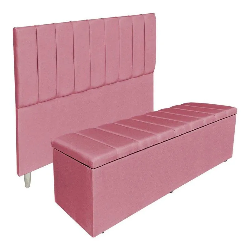 Kit Cabeceira E Calçadeira Recamier Baú Solteiro 0,90m Holanda Suede - Pallazio Cor Rosa