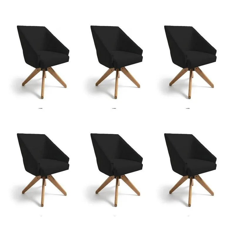 Kit 6 Poltronas Giratórias Alana Veludo Preto Base De Madeira - Pallazio