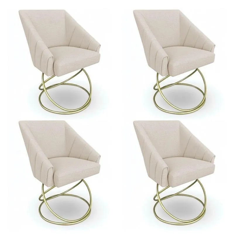 Kit 4 Poltronas Luxo Alana Linho Bege Base Luxo Dourado - Pallazio