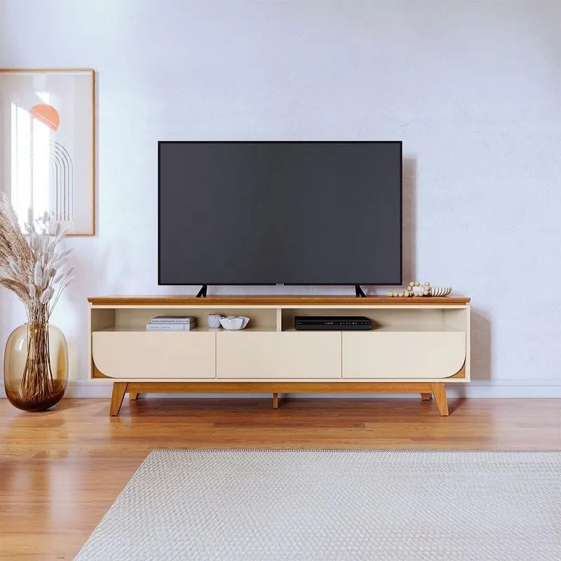 Rack Bancada Selene 3 Gavetas Pés De Madeira Cinamomo E Off White - Pallazio