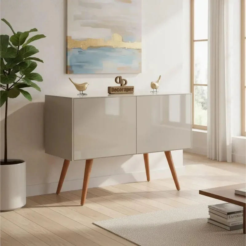 Aparador Pés Palito com Vidro Laqueado Moderno sem Porta sem Gaveta MDF 80CM Off White - Decoraper